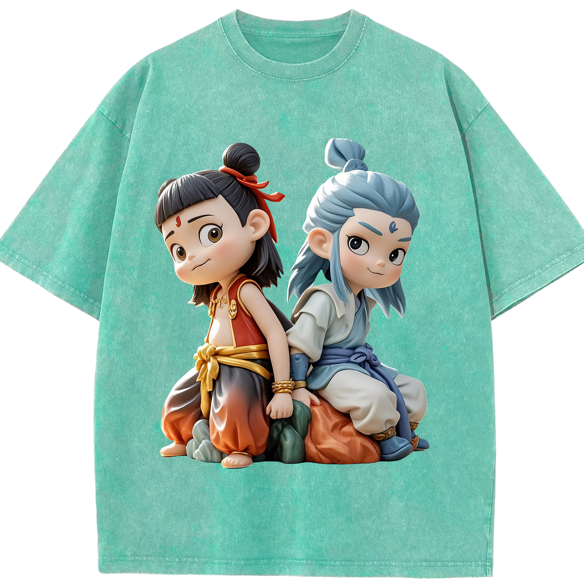 （画像用） Ne Zha 2 ナタ 魔童の大暴れ 綿100% ヴィンテージ風 半袖Tシャツ（フロントプリント）